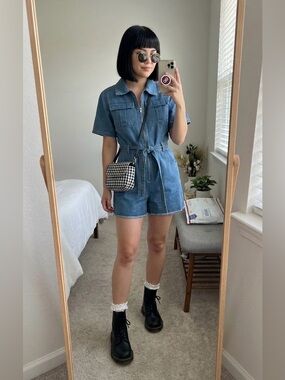Boohoo Light Blue Denim Romper with Zipper